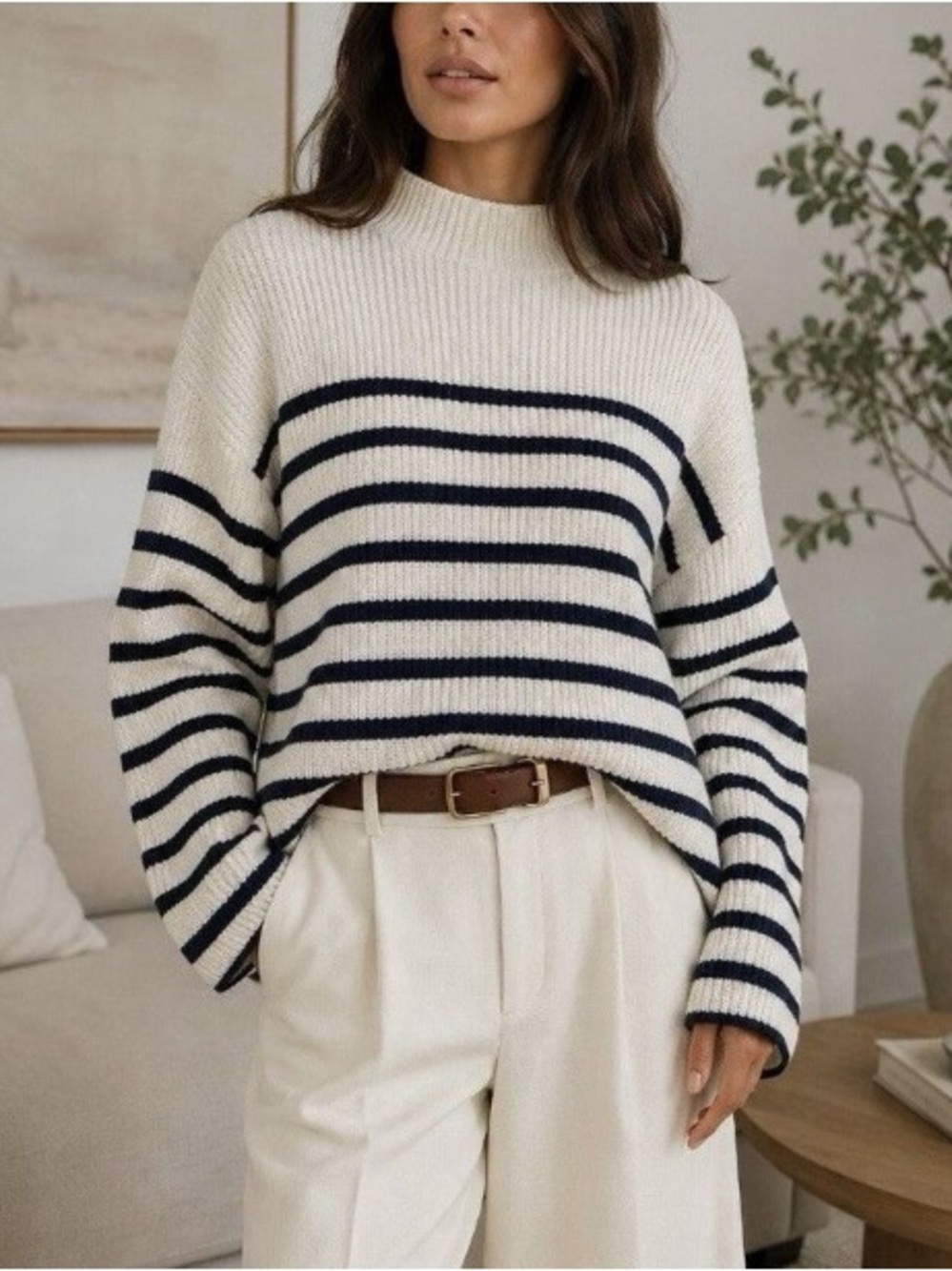 Rails Claudia Wool Blend Cream/Navy Stripe Mock Neck Ribbed Chunky Knit Small
